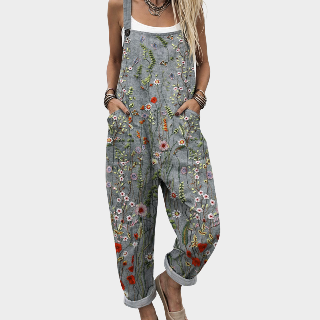 The Comfortable Printed Overalls, grey with an embroidered floral print